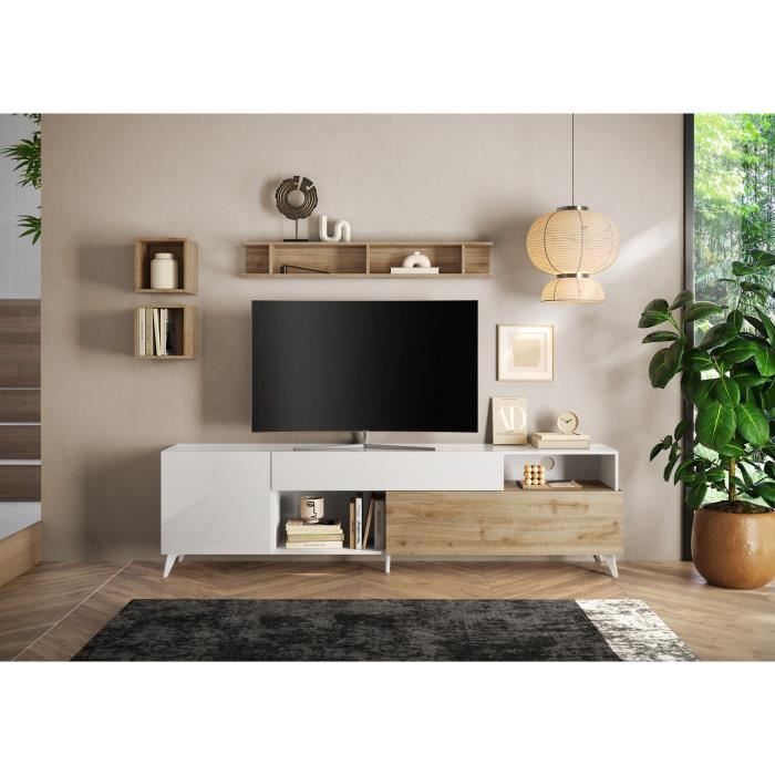 Meuble Tv - MONTECARLO XXL - 1 porte - 2 tiroirs - Blanc laqué / Chene Cadiz - 241 x 43 x 67 cm