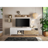 Meuble Tv - MONTECARLO XXL - 1 porte - 2 tiroirs - Blanc laqué / Chene Cadiz - 241 x 43 x 67 cm