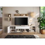 Meuble Tv - MONTECARLO XXL - 1 porte - 2 tiroirs - Blanc laqué / Chene Cadiz - 241 x 43 x 67 cm