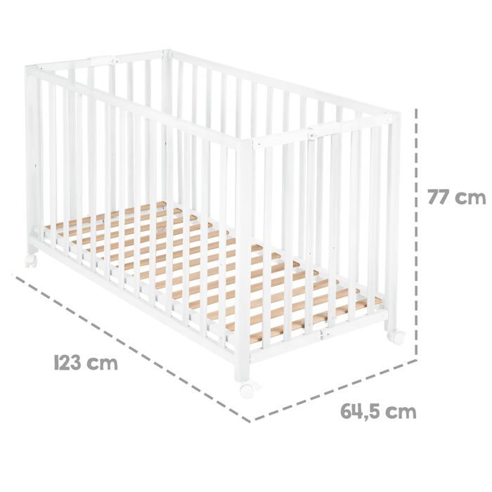Lit bébé pliant - 60 x 120 cm - ROBA - FOLD UP - Roulettes - Blanc
