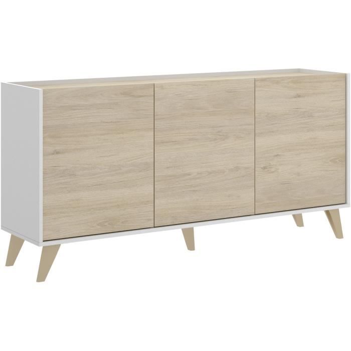 Buffet bas NESS - Mélamine Décor bois clair et blanc - 3 Portes - L 155 x P 43 x H 75 cm