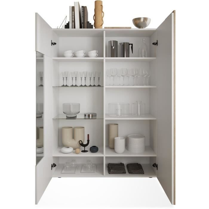 Vitrine - VENEZIA - 2 portes - Blanc laqué / Chene Cadiz - 121 x 44 x 169 cm