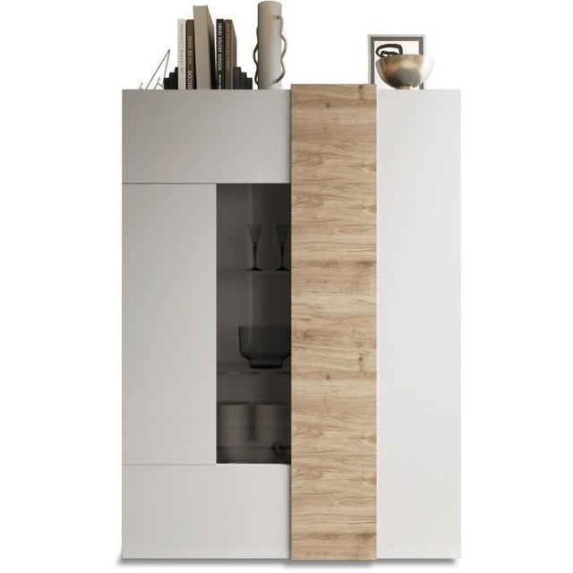 Vitrine - VENEZIA - 2 portes - Blanc laqué / Chene Cadiz - 121 x 44 x 169 cm