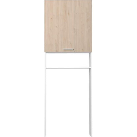 Meuble étageres WC -  Décor Chene et Blanc - 2 portes - Salle de bain / buanderie - L64,2 x P21,8 x H184 cm - WOODY