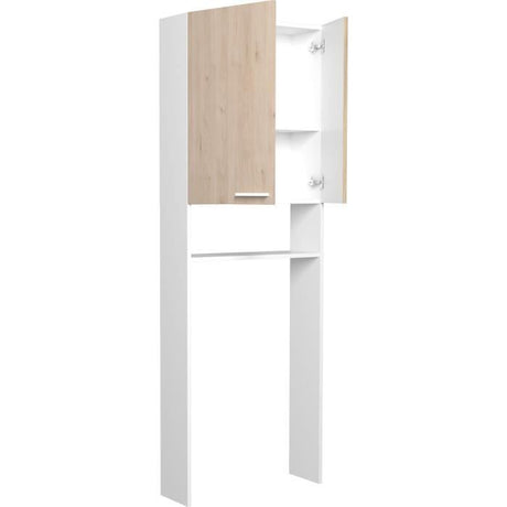 Meuble étageres WC -  Décor Chene et Blanc - 2 portes - Salle de bain / buanderie - L64,2 x P21,8 x H184 cm - WOODY