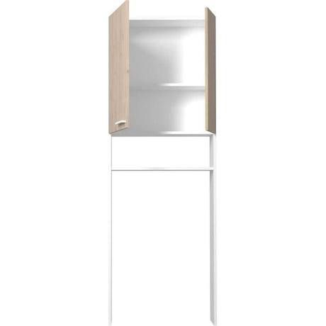 Meuble étageres WC -  Décor Chene et Blanc - 2 portes - Salle de bain / buanderie - L64,2 x P21,8 x H184 cm - WOODY