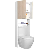 Meuble étageres WC -  Décor Chene et Blanc - 2 portes - Salle de bain / buanderie - L64,2 x P21,8 x H184 cm - WOODY