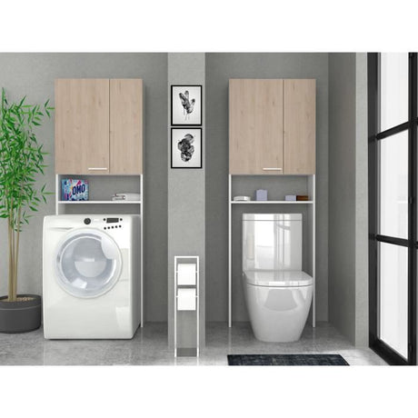 Meuble étageres WC -  Décor Chene et Blanc - 2 portes - Salle de bain / buanderie - L64,2 x P21,8 x H184 cm - WOODY