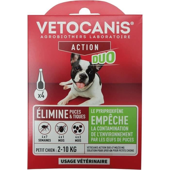 Pipettes - VETOCANIS - x4 Pipettes Anti-puces et tiques Duo 67mg/20mg pour Petits Chiens