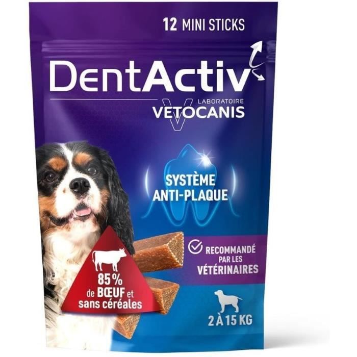 DentActiv - 12 Bâtonnets - VETOCANIS - 12 Mini Bâtonnets Hygiene Bucco-Dentaire au Boeuf pour Chien 2-15kg