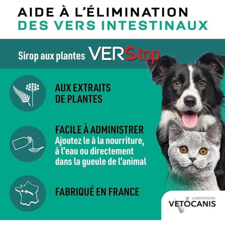Sirop aide a l'hygiene digestive - VETOCANIS - VERSTOP - Pour Chien et Chat - 125 ml
