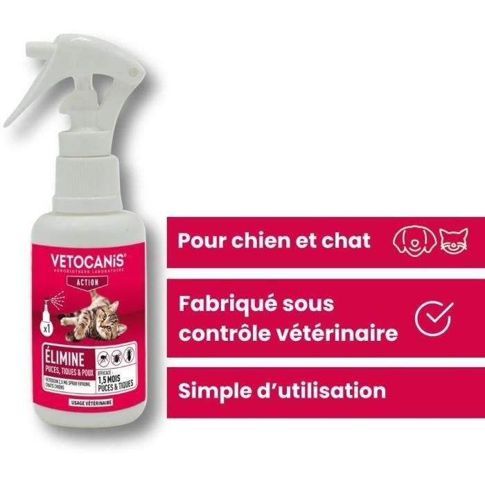 Spray Fipronil anti-puces et tiques - VETOCANIS - 2,5 mg pour Chien et Chat - 100ml