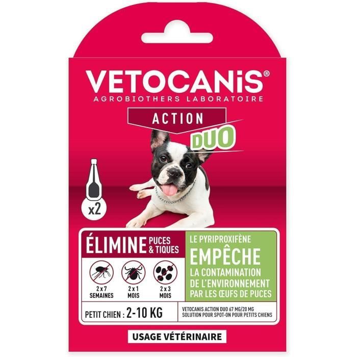 Pipettes antiparasitaire - VETOCANIS - Pipettes Action Duo 67mg/20mg Solution pour Petits Chiens