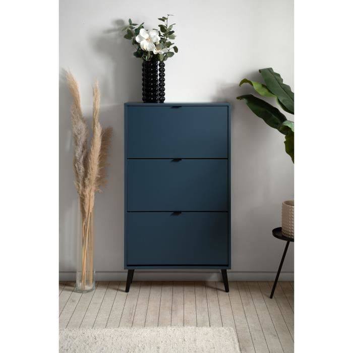 Meuble a chaussures - Bleu nuit - 3 abattants - 12 paires - L70 x P24 x H125 cm - VIGO