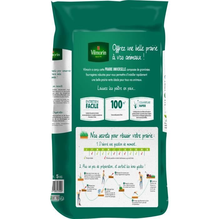 Semences Prairie universelle VILMORIN - Sac 5 kg - 500 m² - Idéale pour vos animaux