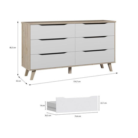 Commode VANKKA  6 tiroirs - Décor chene et blanc - Scandinave - L 154 x  P 42 x H 86 cm