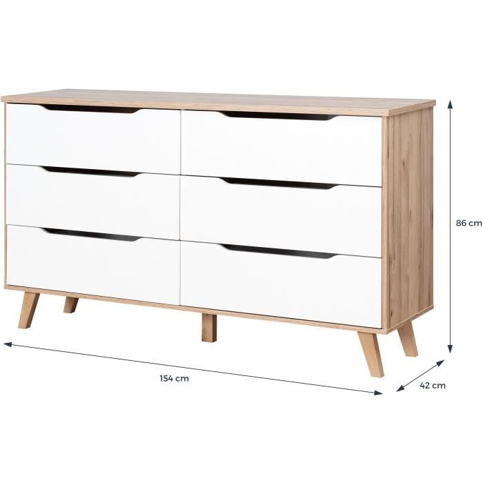 Commode 6 tiroirs - En panneaux de particules - Décor chene et blanc - Contemporain - L 154 x  P 42 x H 86 cm