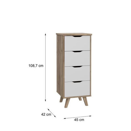 Chiffonnier VANKKA  4 Tiroirs - Décor chene et blanc - Style scandinave - L 45 x  P 42 x H 108 cm