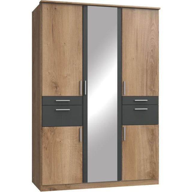 Armoire - 5 portes battantes + 4 tiroirs - Décor Chene - Anthracite + Miroir - L135 x P58 x H199 cm - VOLOS