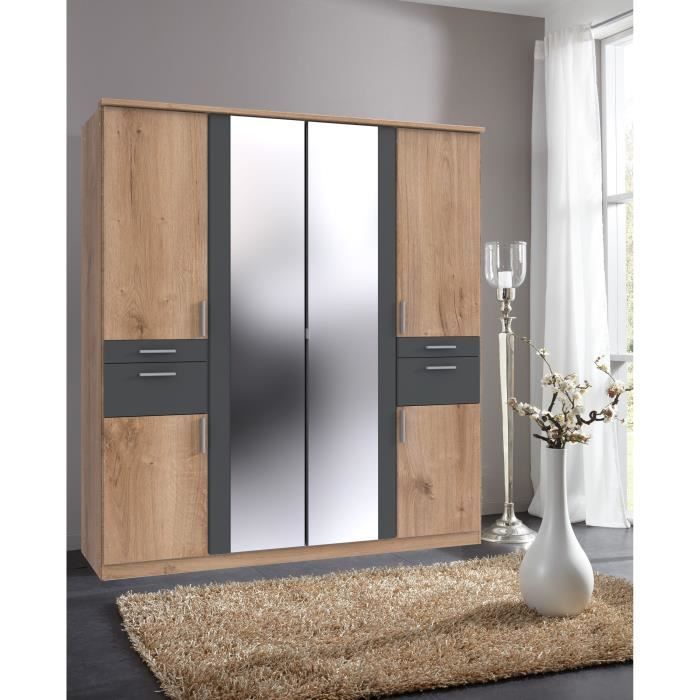 Armoire Décor Chene & Graphite - 6 portes battantes - Miroirs - 4 tiroirs - L180 x P58 x H199 cm - VOLOS