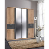 Armoire Décor Chene & Graphite - 6 portes battantes - Miroirs - 4 tiroirs - L180 x P58 x H199 cm - VOLOS
