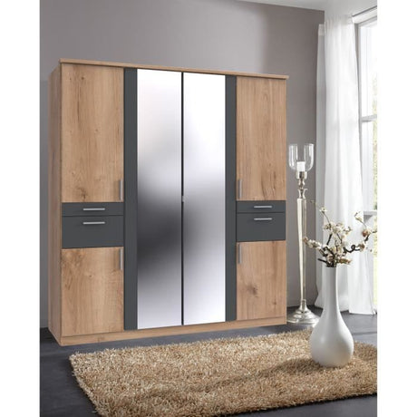 Armoire Décor Chene & Graphite - 6 portes battantes - Miroirs - 4 tiroirs - L180 x P58 x H199 cm - VOLOS