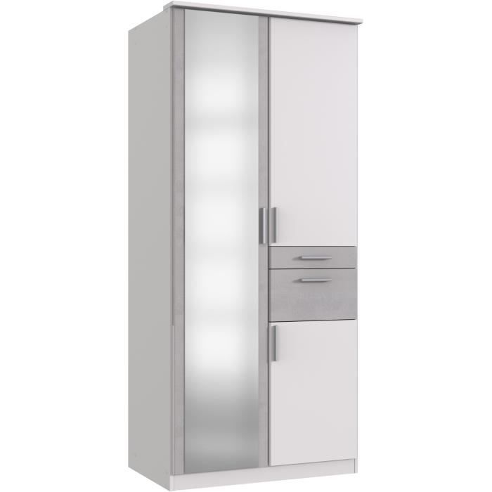 Armoire - 3 portes battantes + Miroir - 2 tiroirs - Décor blanc et gris béton -  L90 x P58 x H199 cm - VOLOS
