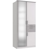 Armoire - 3 portes battantes + Miroir - 2 tiroirs - Décor blanc et gris béton -  L90 x P58 x H199 cm - VOLOS