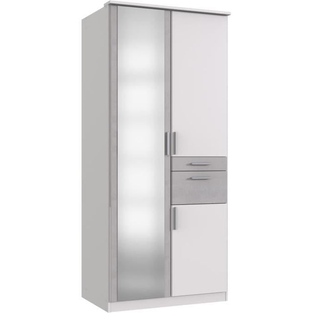 Armoire - 3 portes battantes + Miroir - 2 tiroirs - Décor blanc et gris béton -  L90 x P58 x H199 cm - VOLOS