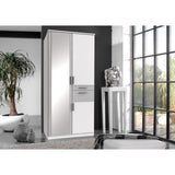 Armoire - 3 portes battantes + Miroir - 2 tiroirs - Décor blanc et gris béton -  L90 x P58 x H199 cm - VOLOS