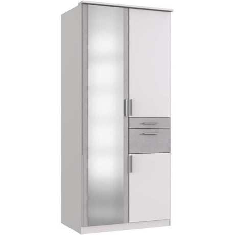 Armoire - 3 portes battantes + Miroir - 2 tiroirs - Décor blanc et gris béton -  L90 x P58 x H199 cm - VOLOS