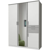 Armoire Décor Blanc & Gris béton - 4 portes battantes - Miroir - 2 tiroirs - L135 x P58 x H199 cm - VOLOS