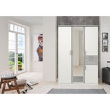 Armoire Décor Blanc & Gris béton - 4 portes battantes - Miroir - 2 tiroirs - L135 x P58 x H199 cm - VOLOS