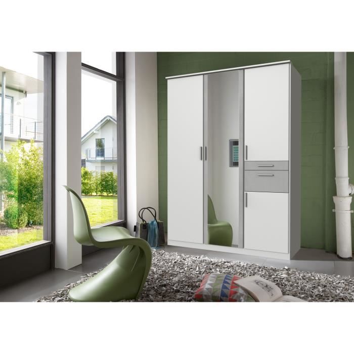 Armoire Décor Blanc & Gris béton - 4 portes battantes - Miroir - 2 tiroirs - L135 x P58 x H199 cm - VOLOS