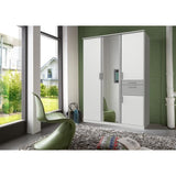 Armoire Décor Blanc & Gris béton - 4 portes battantes - Miroir - 2 tiroirs - L135 x P58 x H199 cm - VOLOS