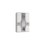 Armoire - 5 portes battantes - Miroir - 4 tiroirs - Blanc et gris clair - L135 x P58 x H199 cm - VOLOS