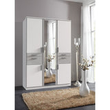 Armoire - 5 portes battantes - Miroir - 4 tiroirs - Blanc et gris clair - L135 x P58 x H199 cm - VOLOS