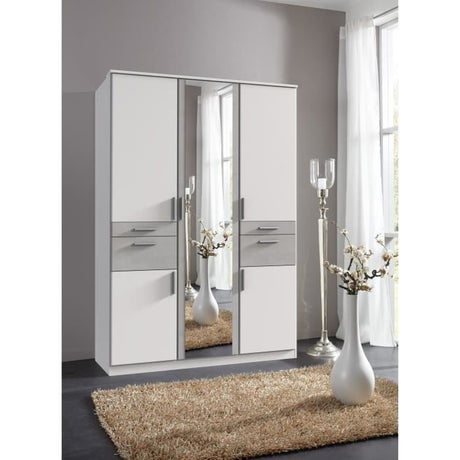 Armoire - 5 portes battantes - Miroir - 4 tiroirs - Blanc et gris clair - L135 x P58 x H199 cm - VOLOS