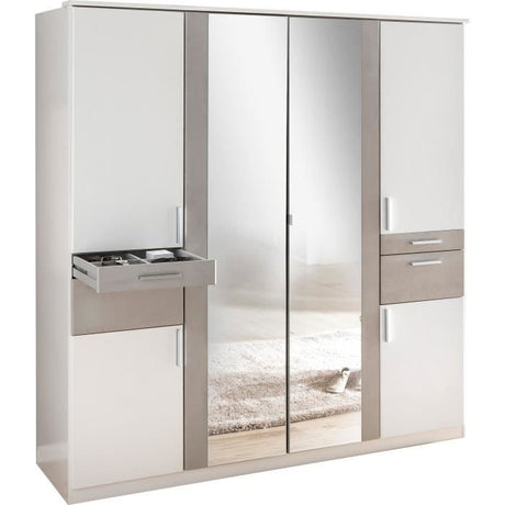 Armoire Décor Blanc & Gris béton - 6 portes battantes - Miroirs - 4 tiroirs - L180 x P58 x H199 cm - VOLOS