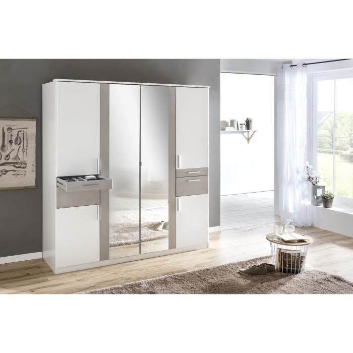 Armoire Décor Blanc & Gris béton - 6 portes battantes - Miroirs - 4 tiroirs - L180 x P58 x H199 cm - VOLOS