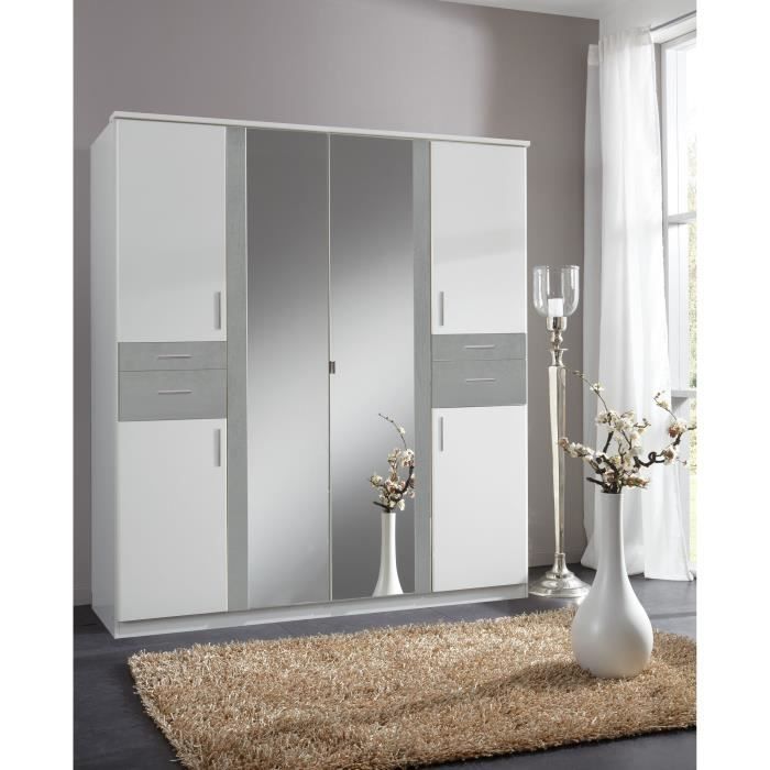 Armoire Décor Blanc & Gris béton - 6 portes battantes - Miroirs - 4 tiroirs - L180 x P58 x H199 cm - VOLOS
