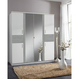 Armoire Décor Blanc & Gris béton - 6 portes battantes - Miroirs - 4 tiroirs - L180 x P58 x H199 cm - VOLOS