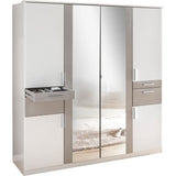Armoire Décor Blanc & Gris béton - 6 portes battantes - Miroirs - 4 tiroirs - L180 x P58 x H199 cm - VOLOS
