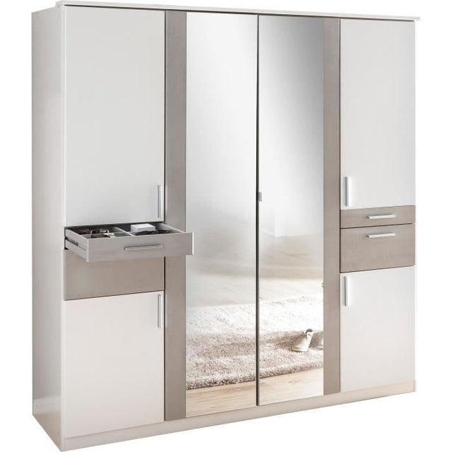Armoire Décor Blanc & Gris béton - 6 portes battantes - Miroirs - 4 tiroirs - L180 x P58 x H199 cm - VOLOS