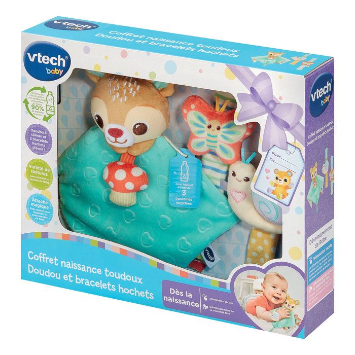 VTECH BABY - COFFRET NAISSANCE TOUDOUX - DOUDOU ET BRACELETS HOCHETS (BOUTEILLES PLASTIQUE RECYCLÉES) - Multicolore