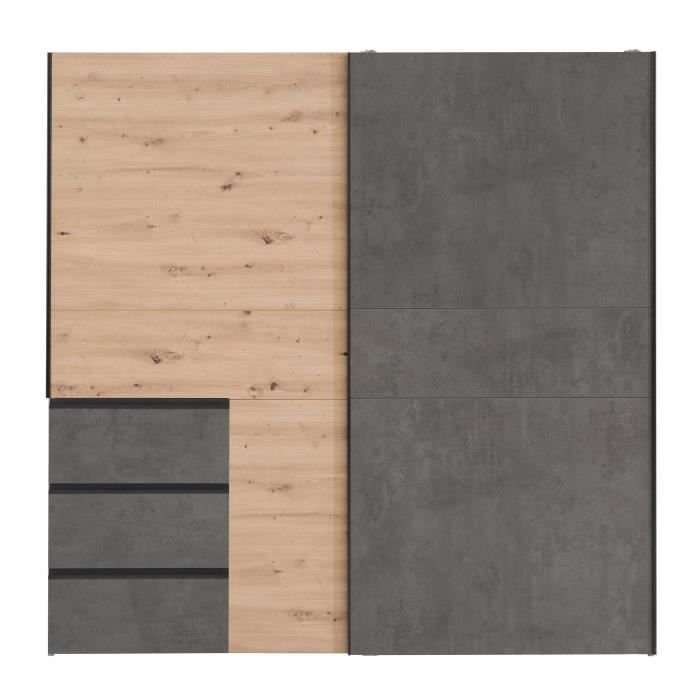 Armoire 2 portes coulissantes 3 tiroirs - Décor chęne artisan et béton gris - L 200,1 x P 61,2 x H 200,5 cm - WINN2