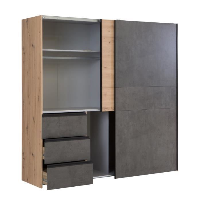 Armoire 2 portes coulissantes 3 tiroirs - Décor chęne artisan et béton gris - L 200,1 x P 61,2 x H 200,5 cm - WINN2