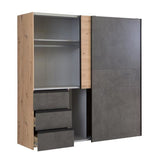 Armoire 2 portes coulissantes 3 tiroirs - Décor chęne artisan et béton gris - L 200,1 x P 61,2 x H 200,5 cm - WINN2