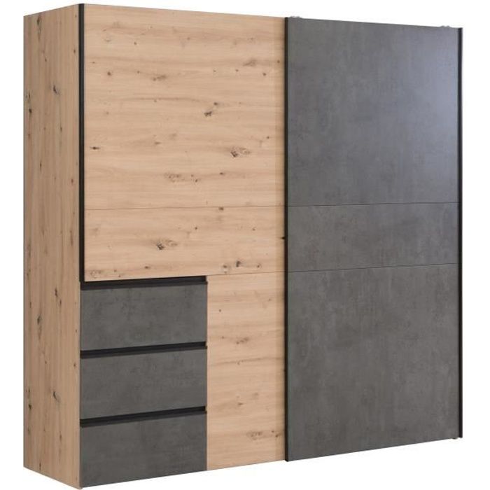 Armoire 2 portes coulissantes 3 tiroirs - Décor chęne artisan et béton gris - L 200,1 x P 61,2 x H 200,5 cm - WINN2