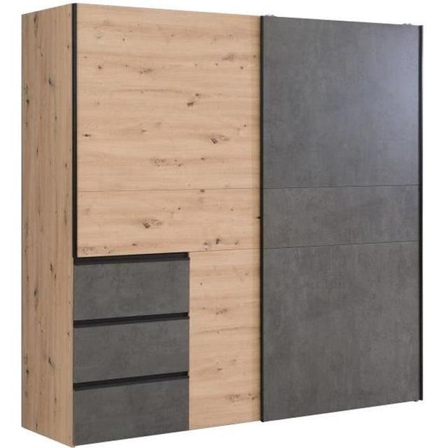 Armoire 2 portes coulissantes 3 tiroirs - Décor chęne artisan et béton gris - L 200,1 x P 61,2 x H 200,5 cm - WINN2